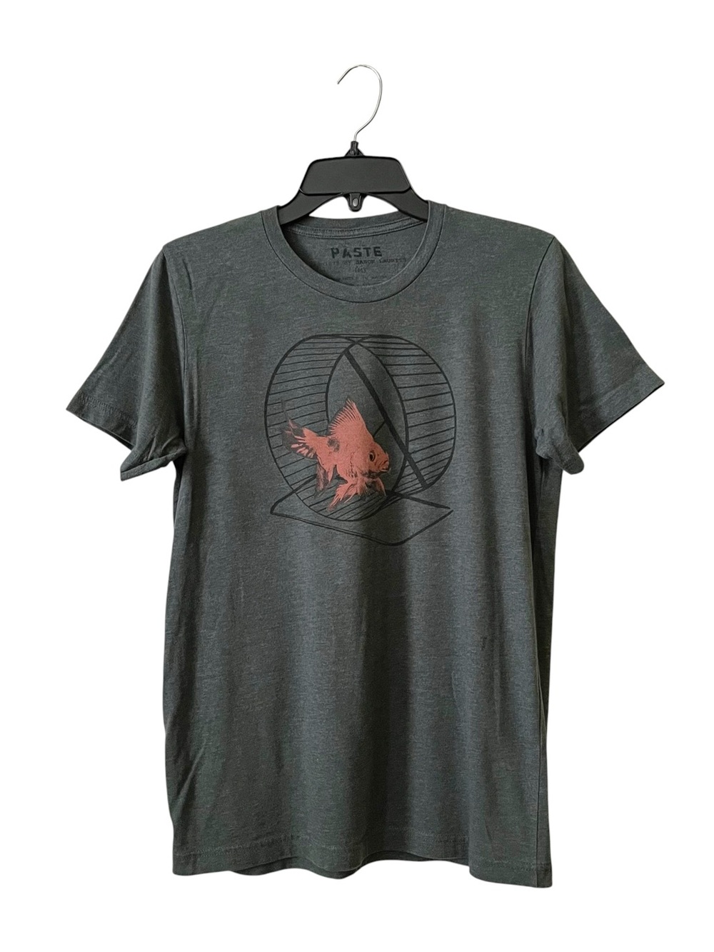 Paste Graphic T-Shirt Men's Size M Green Goldfish Hamster Wheel Short Sleeve Tee